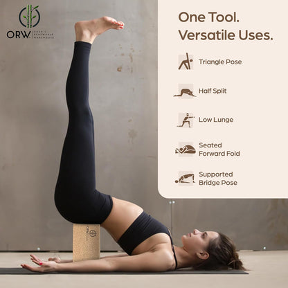 ORW Cork Yoga Block, FSC Natural Cork, Non Slip, 9”x6”x3”, 1.5lb, Pilates