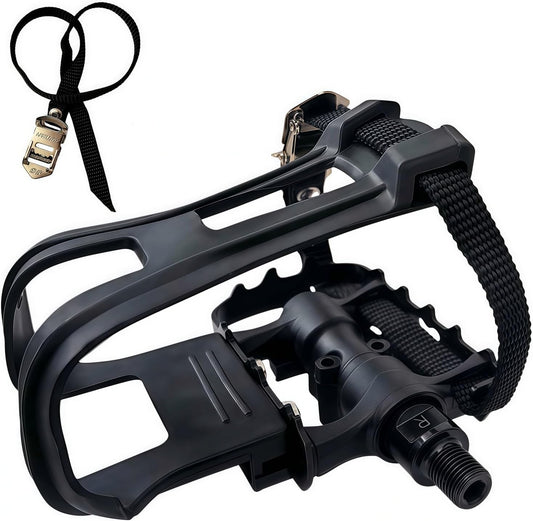 Professional Bike Pedals with Adjustable Toe Clips & Straps | Dual Sealed Bearings for 360° Smooth Ride | Lightweight Alloy-Composite Pedals for Spin, Peloton, Schwinn, Road & Mountain Bikes