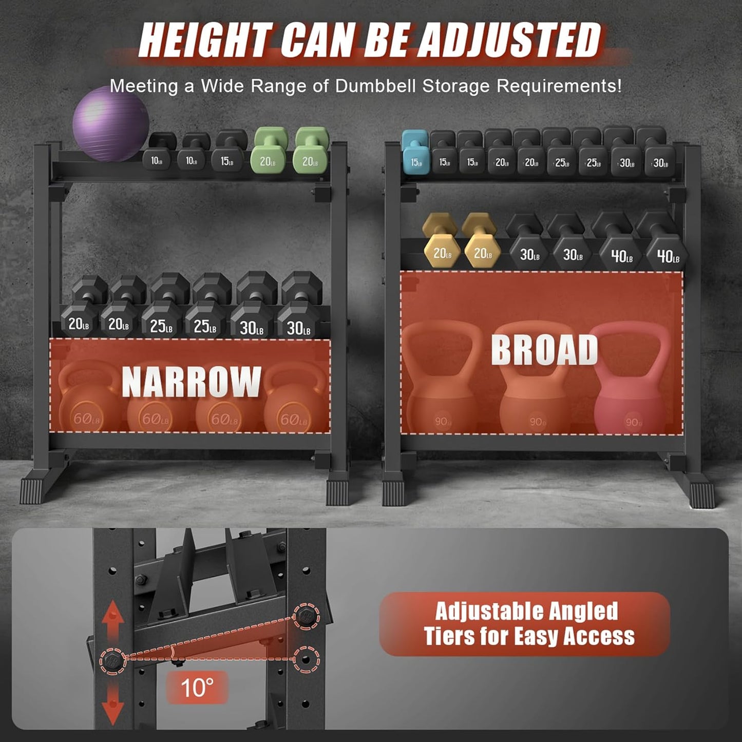3-Tier Dumbbell Rack, 1100LB Capacity Adjustable Weight Rack for Home Gym, Heavy-Duty Weight Stand for Dumbbells Kettlebells & Weight Plates(Rack Only)