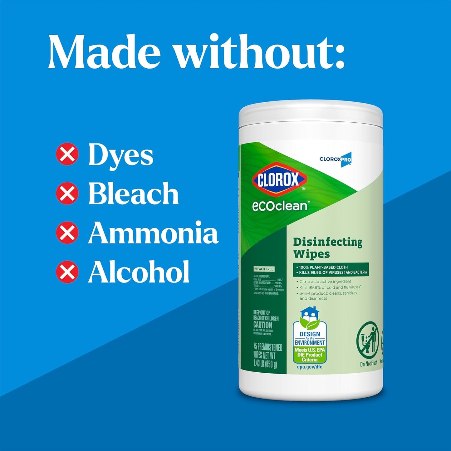 CloroxPro Clorox EcoClean Disinfecting Wipes, Multipurpose 100% Plant Based Cleaning Cloths, Antibacterial Disinfectant, Safe for Multi Surface Use, 75 Count