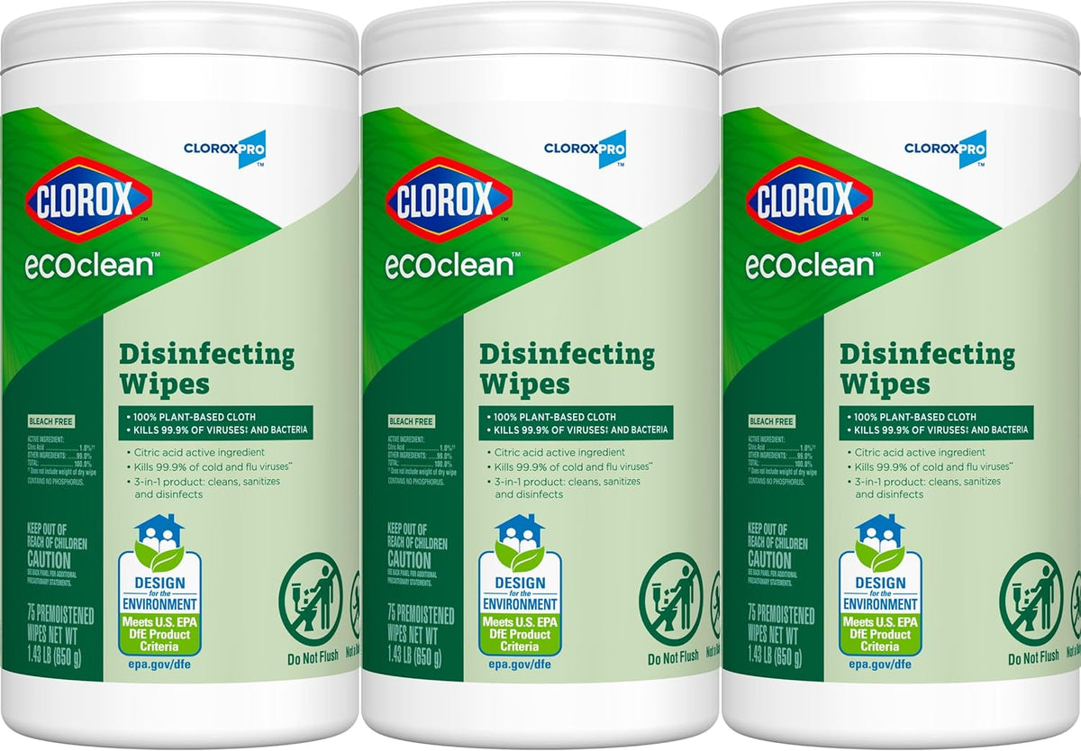 CloroxPro Clorox EcoClean Disinfecting Wipes, Multipurpose 100% Plant Based Cleaning Cloths, Antibacterial Disinfectant, Safe for Multi Surface Use, 75 Count