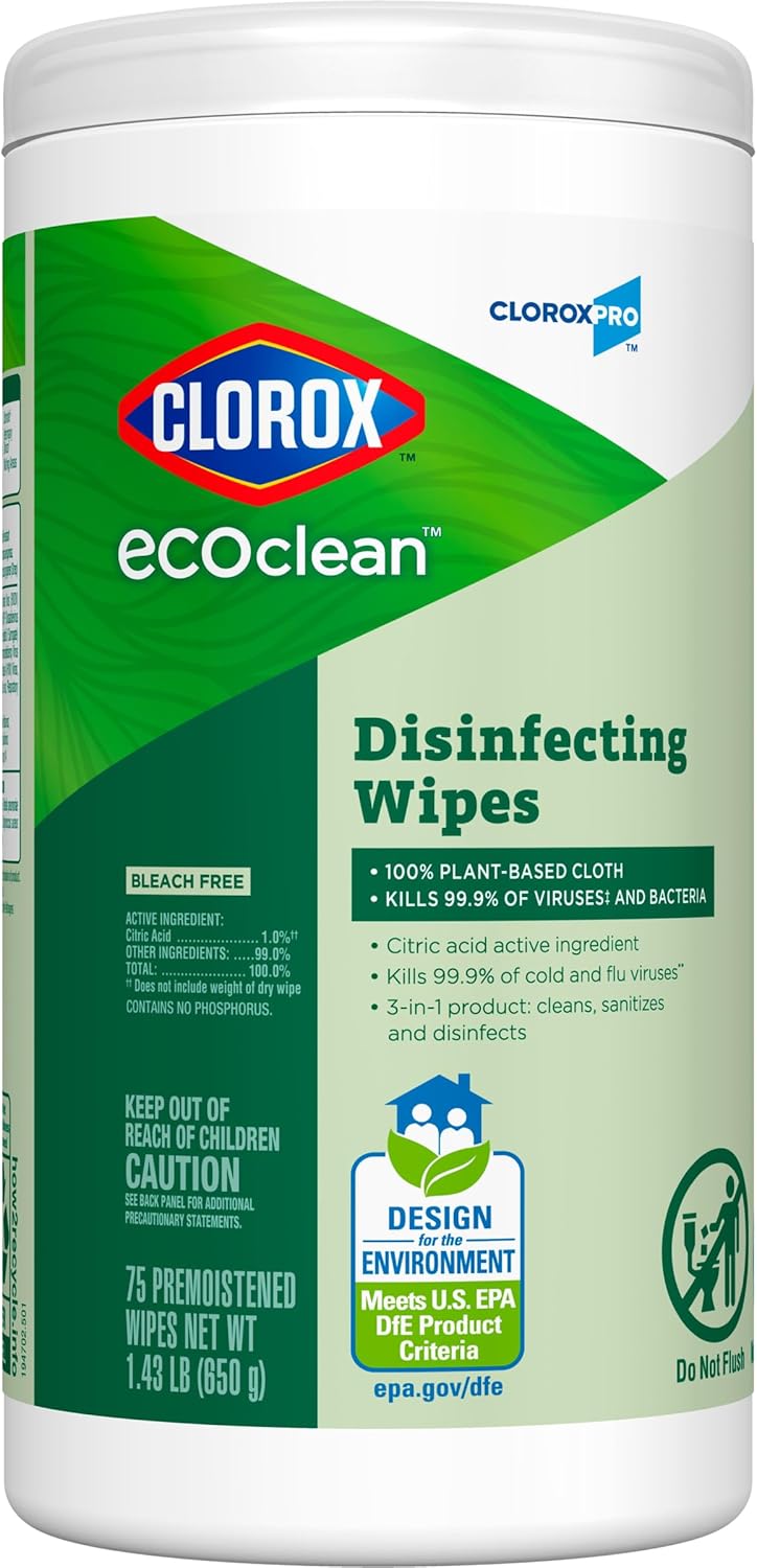 CloroxPro Clorox EcoClean Disinfecting Wipes, Multipurpose 100% Plant Based Cleaning Cloths, Antibacterial Disinfectant, Safe for Multi Surface Use, 75 Count