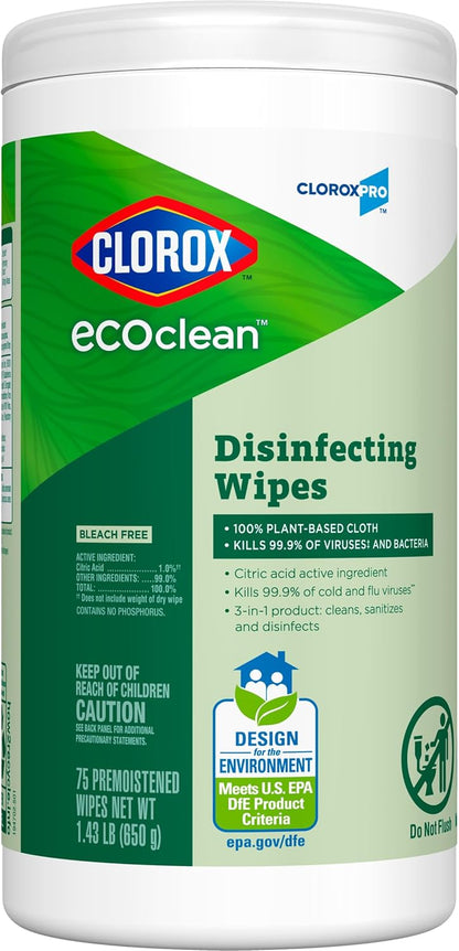 CloroxPro Clorox EcoClean Disinfecting Wipes, Multipurpose 100% Plant Based Cleaning Cloths, Antibacterial Disinfectant, Safe for Multi Surface Use, 75 Count