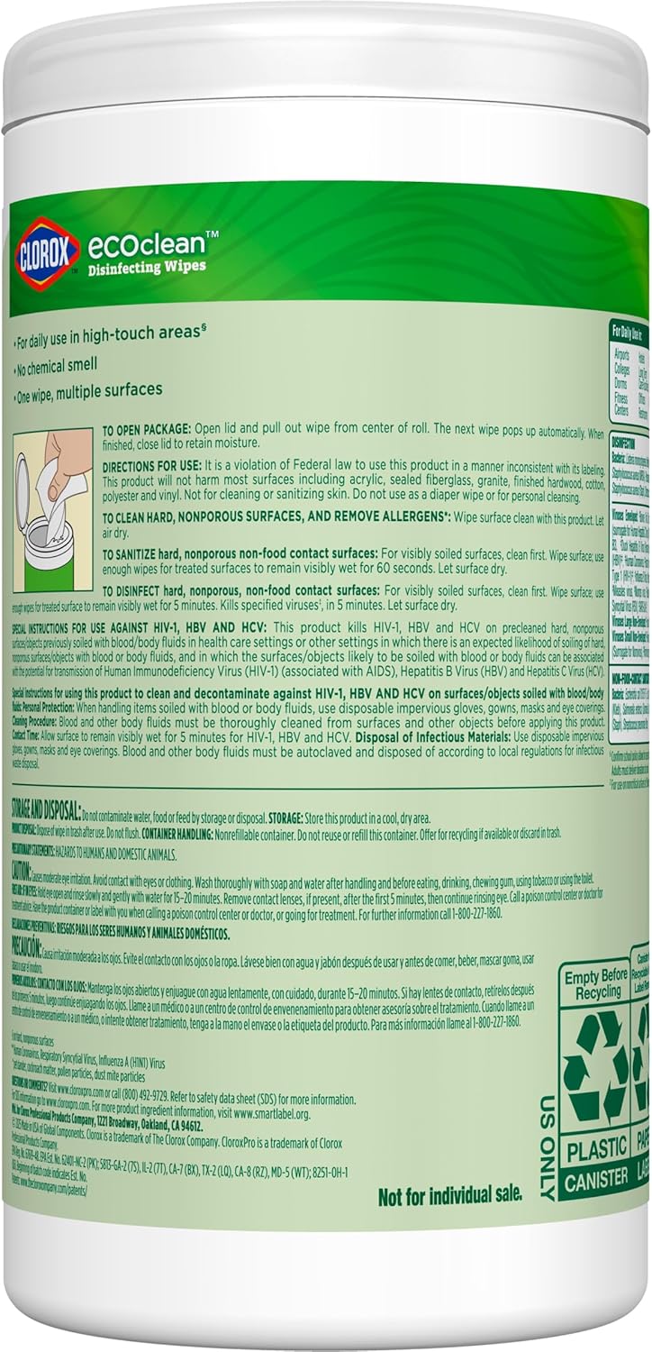 CloroxPro Clorox EcoClean Disinfecting Wipes, Multipurpose 100% Plant Based Cleaning Cloths, Antibacterial Disinfectant, Safe for Multi Surface Use, 75 Count