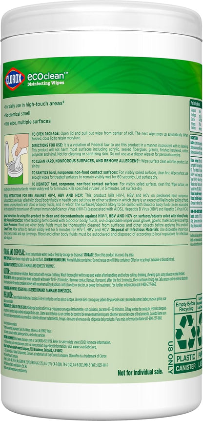 CloroxPro Clorox EcoClean Disinfecting Wipes, Multipurpose 100% Plant Based Cleaning Cloths, Antibacterial Disinfectant, Safe for Multi Surface Use, 75 Count
