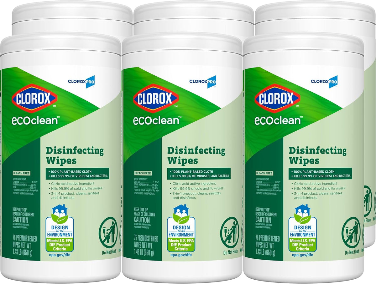 CloroxPro Clorox EcoClean Disinfecting Wipes, Multipurpose 100% Plant Based Cleaning Cloths, Antibacterial Disinfectant, Safe for Multi Surface Use, 75 Count