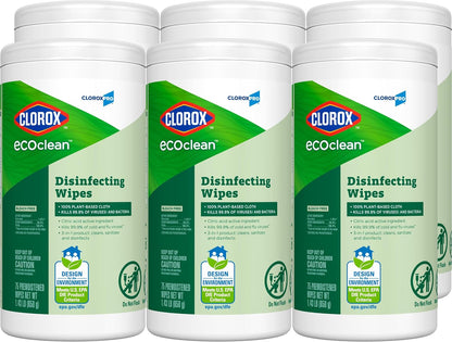 CloroxPro Clorox EcoClean Disinfecting Wipes, Multipurpose 100% Plant Based Cleaning Cloths, Antibacterial Disinfectant, Safe for Multi Surface Use, 75 Count