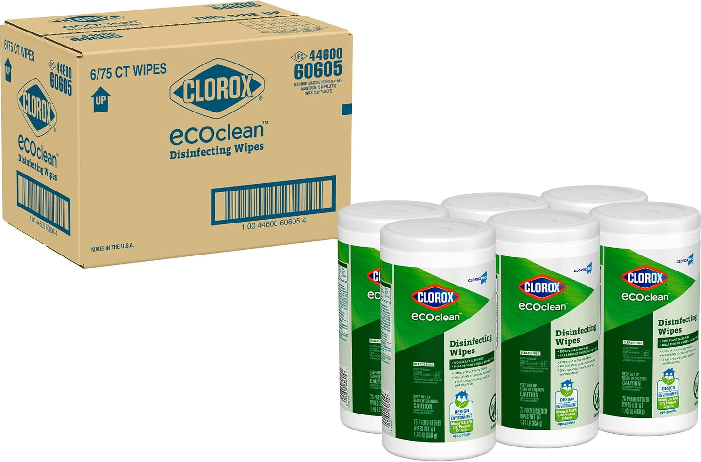 CloroxPro Clorox EcoClean Disinfecting Wipes, Multipurpose 100% Plant Based Cleaning Cloths, Antibacterial Disinfectant, Safe for Multi Surface Use, 75 Count