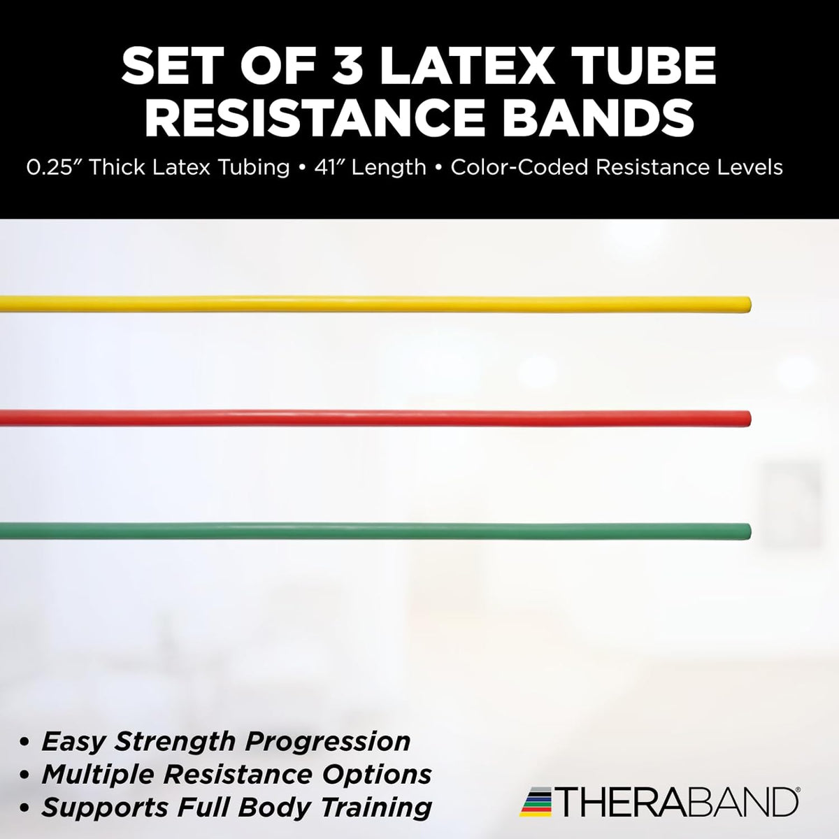 Resistance Tubes, Begginer Set, Yellow, Red, and Green, 5 ft Latex Tubing, Home or Clinic Use, Cut-to-Fit, Color-Coded Resistance Bands for Upper & Lower Body Workouts