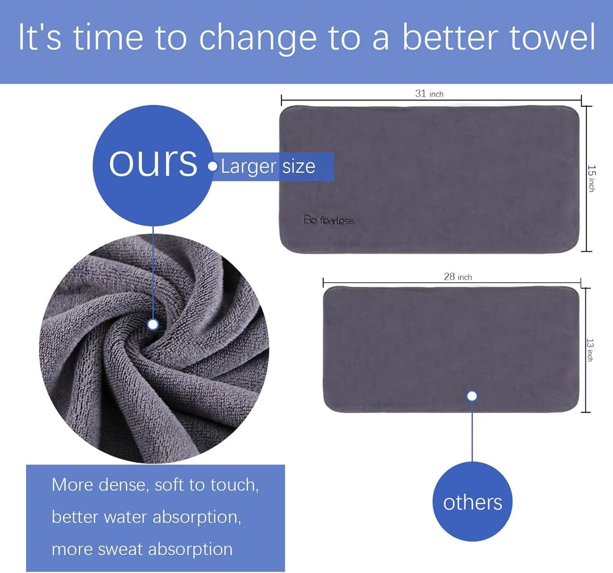 Microfiber Gym Towels Bigger Size Super Soft for Exercise Fitness, Sports, Workout, 380-GSM 15-Inch x 31-Inch Quick-Drying Towels (3 Pack, Grey+Blue+Purple)