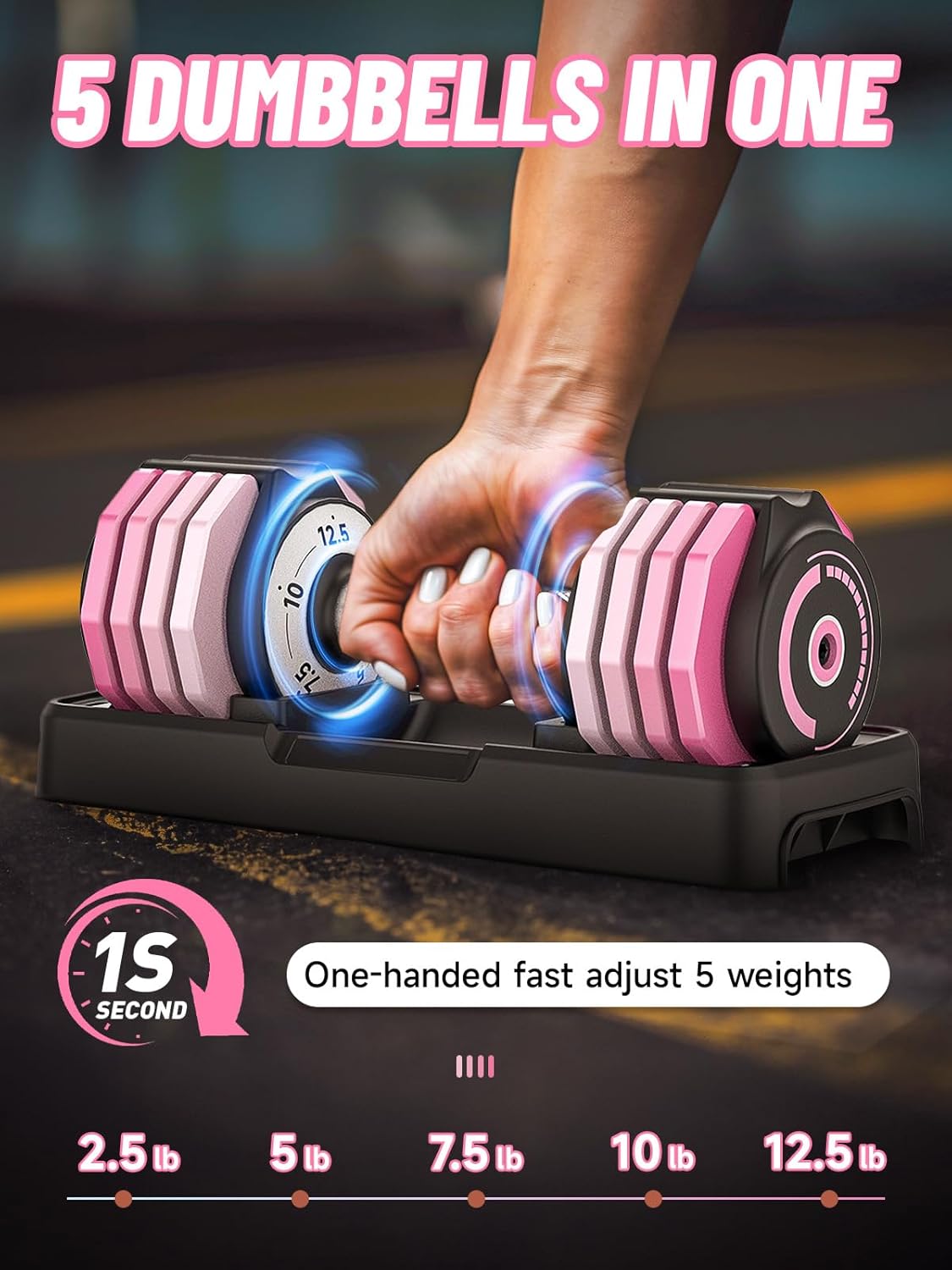 Adjustable Dumbbells Set, 1-Sec Fast Adjustable 5 Free Weights, Premium Comfort Non-slip Metal Handle, Compact Size for Full Body Home Workout