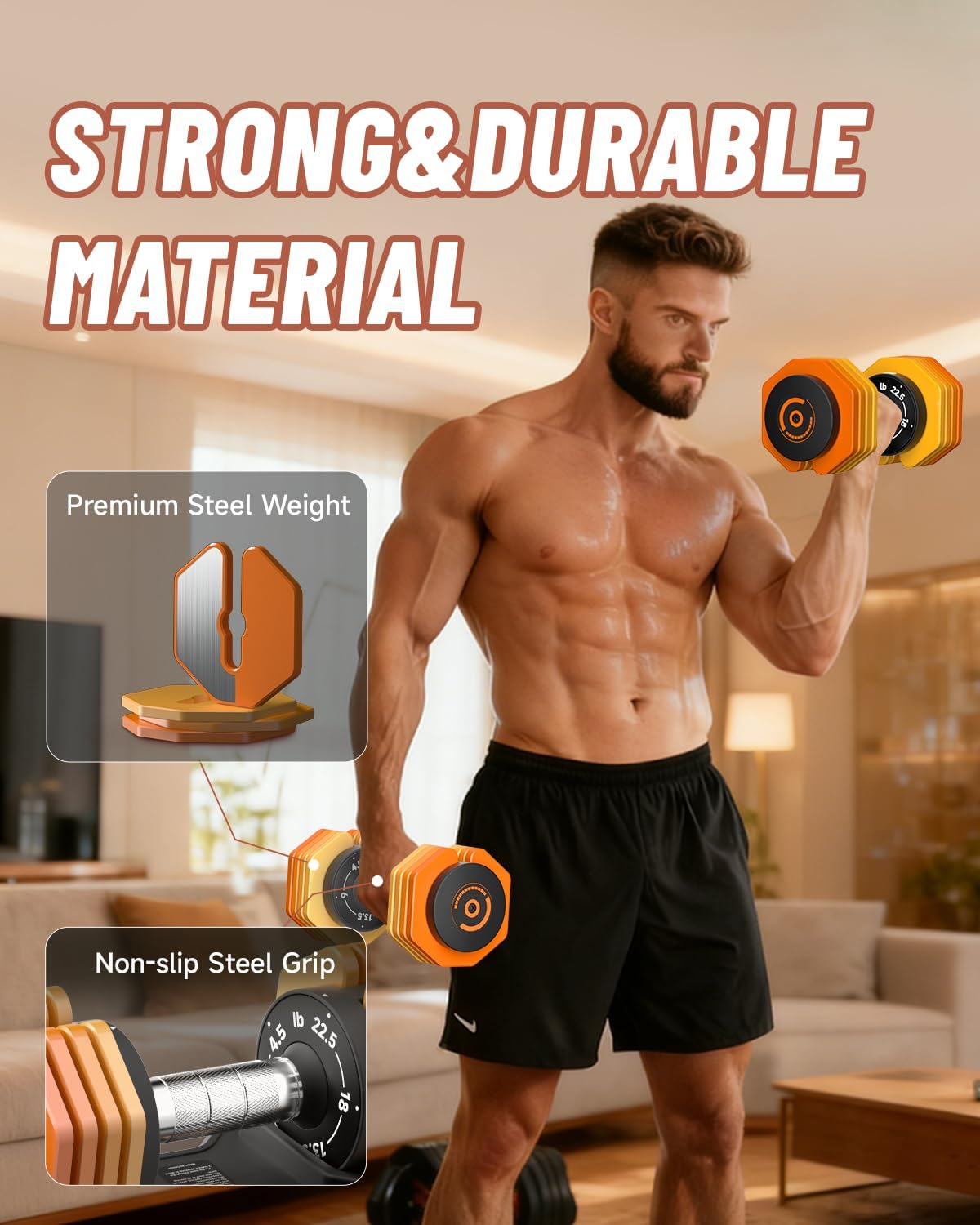 Adjustable Dumbbells Set, 1-Sec Fast Adjustable 5 Free Weights, Premium Comfort Non-slip Metal Handle, Compact Size for Full Body Home Workout