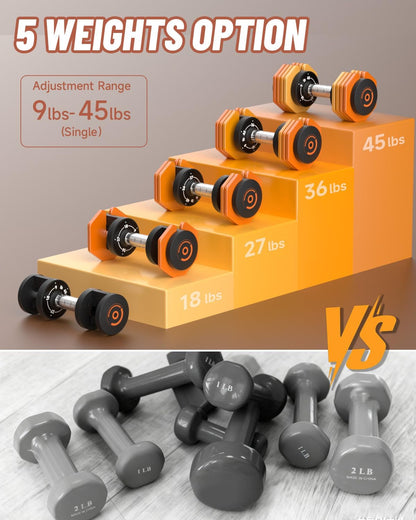 Adjustable Dumbbells Set, 1-Sec Fast Adjustable 5 Free Weights, Premium Comfort Non-slip Metal Handle, Compact Size for Full Body Home Workout