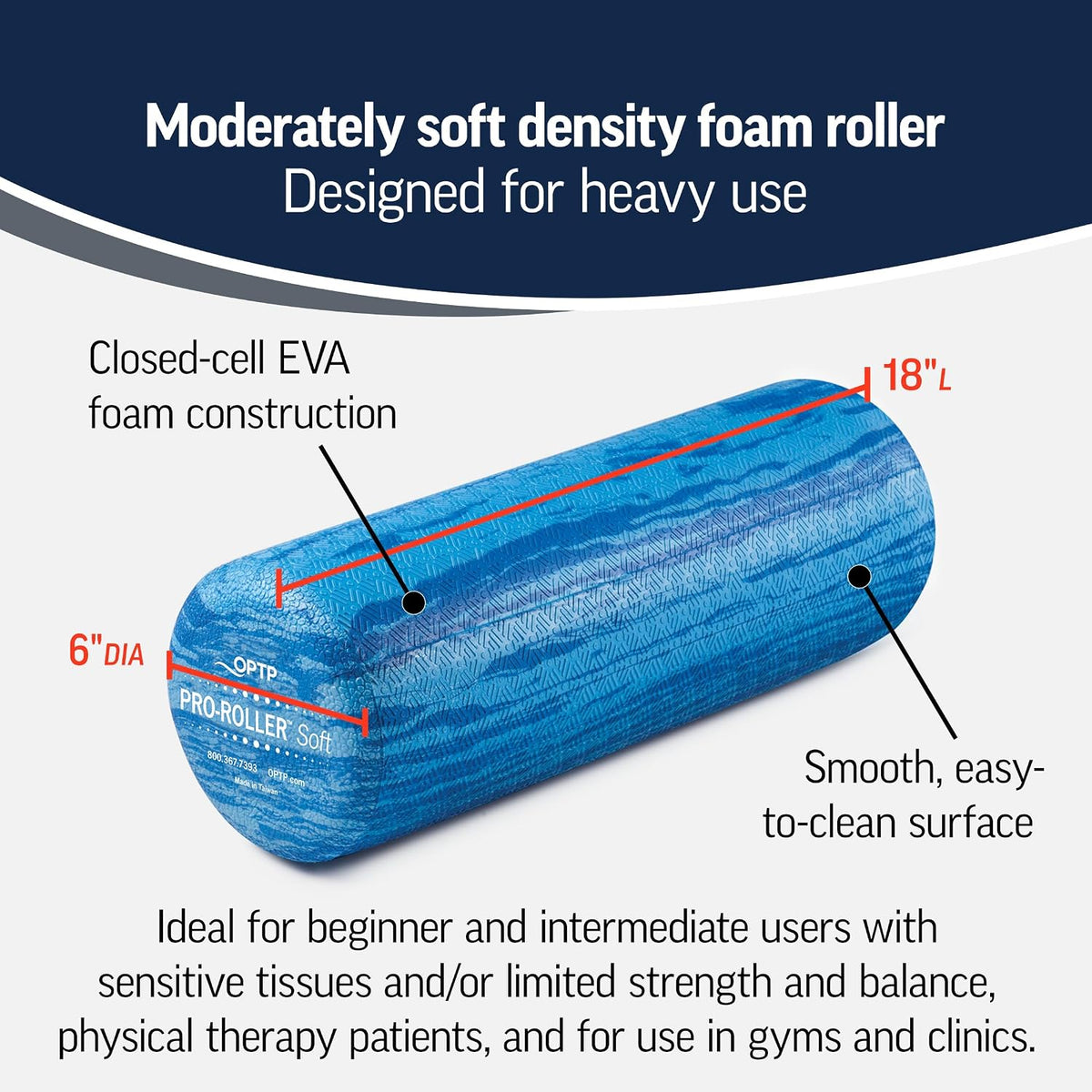 PRO-Roller Soft Density Foam Roller – Round, Blue, 36" x 6" | Soft foam roller for physical therapy, Pilates, yoga foam roll exercises, muscle recovery, blue, 36" x 6"