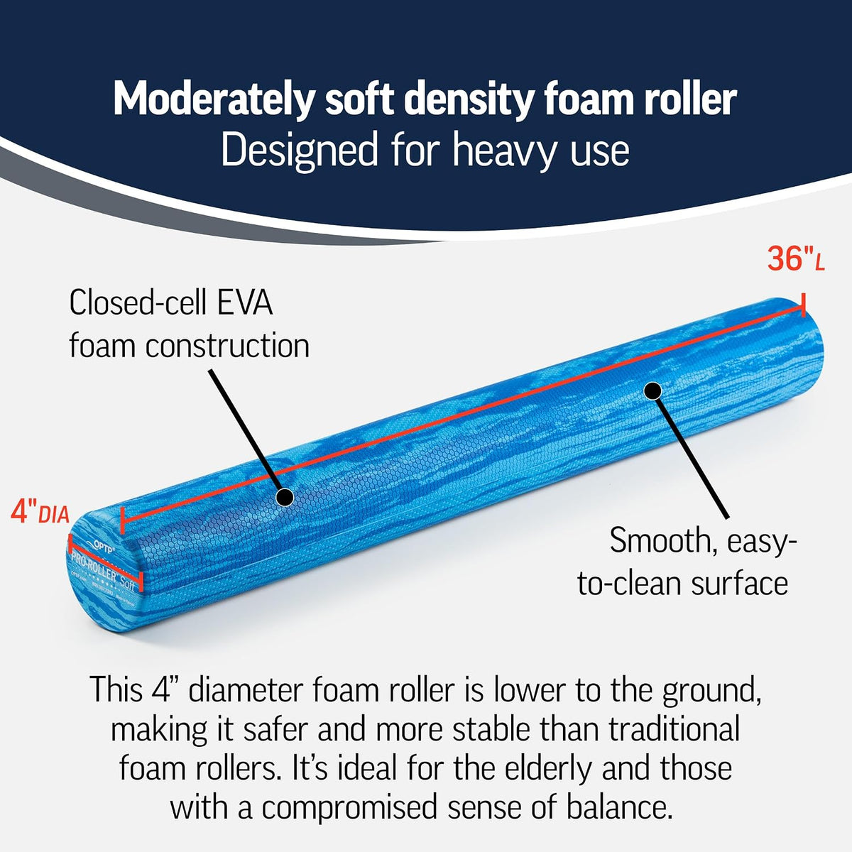 PRO-Roller Soft Density Foam Roller – Round, Blue, 36" x 6" | Soft foam roller for physical therapy, Pilates, yoga foam roll exercises, muscle recovery, blue, 36" x 6"