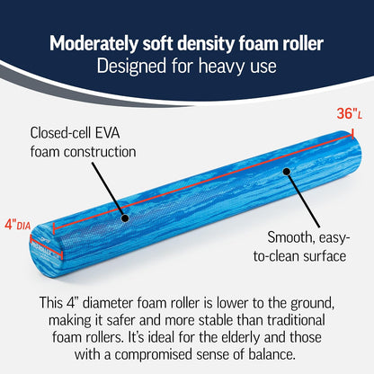 PRO-Roller Soft Density Foam Roller – Round, Blue, 36" x 6" | Soft foam roller for physical therapy, Pilates, yoga foam roll exercises, muscle recovery, blue, 36" x 6"