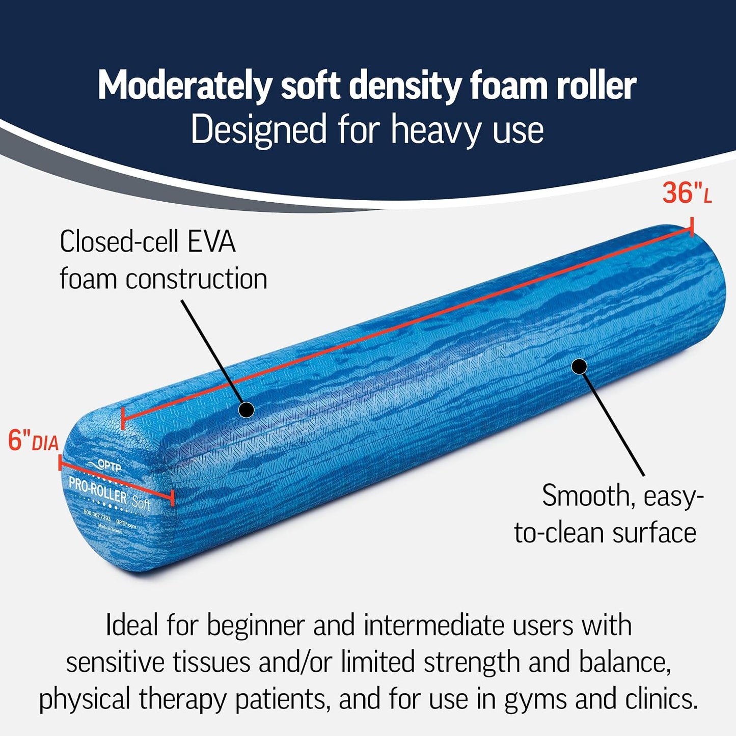 PRO-Roller Soft Density Foam Roller – Round, Blue, 36" x 6" | Soft foam roller for physical therapy, Pilates, yoga foam roll exercises, muscle recovery, blue, 36" x 6"