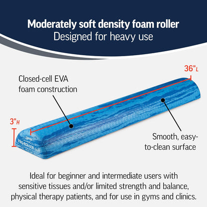 PRO-Roller Soft Density Foam Roller – Round, Blue, 36" x 6" | Soft foam roller for physical therapy, Pilates, yoga foam roll exercises, muscle recovery, blue, 36" x 6"