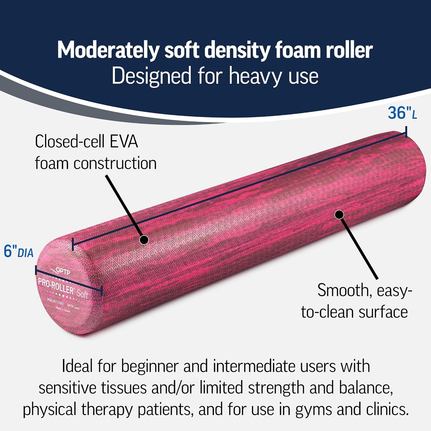 PRO-Roller Soft Density Foam Roller – Round, Blue, 36" x 6" | Soft foam roller for physical therapy, Pilates, yoga foam roll exercises, muscle recovery, blue, 36" x 6"