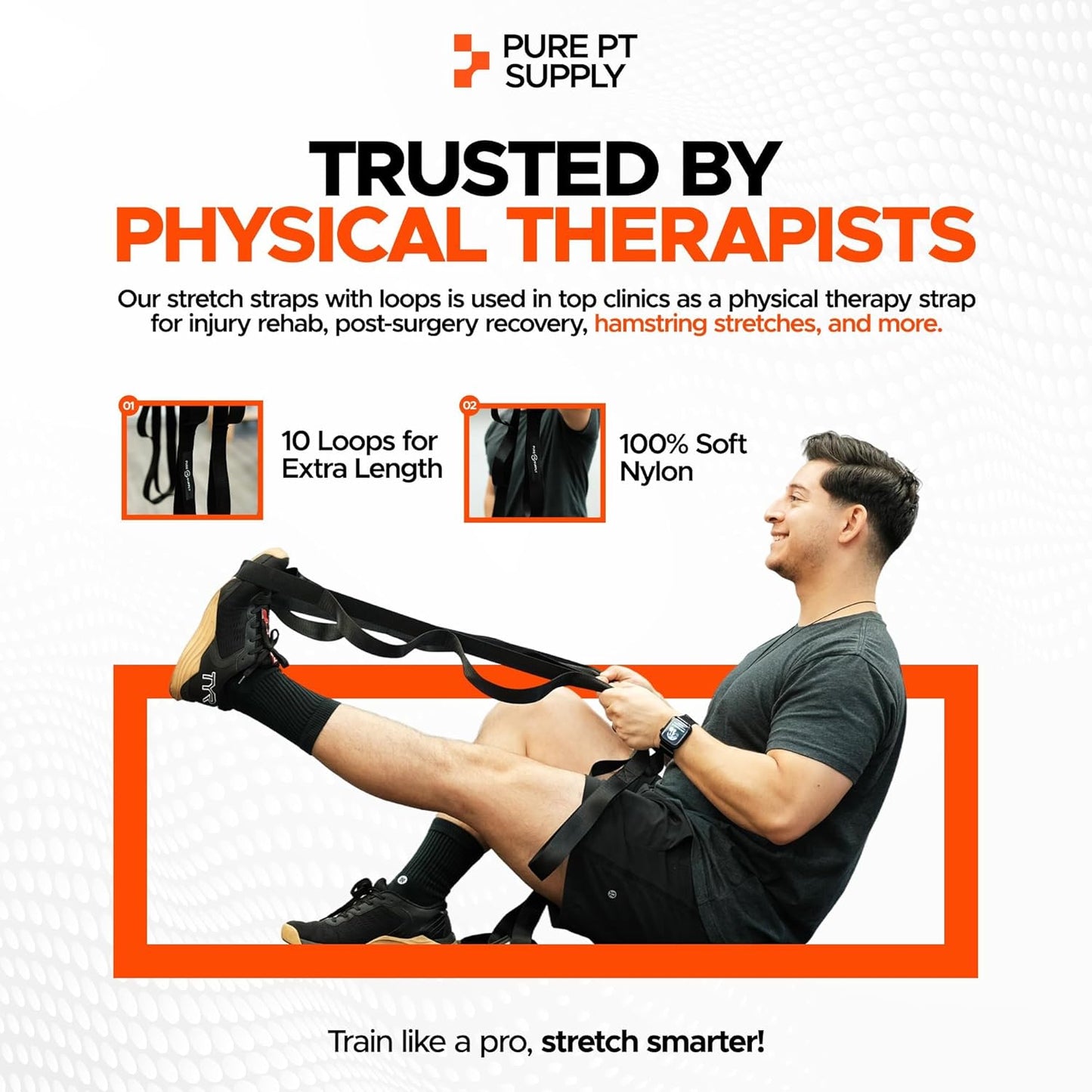 Pure PT Stretching Strap with 10 Loops – Non-Elastic - Physical Therapist-Approved Stretch strap for Stretching, Yoga, Injury Recovery & Flexibility | Premium Yoga Strap - Expert Workouts Included