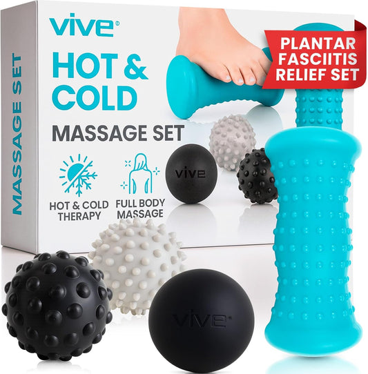 Massage Ball Set (4 Piece) - Plantar Fasciitis Relief Foot Pain Hot Cold Therapy - Heel Spur, Sore Muscle, Trigger Point, Back, Arm, Neck, Shoulder, Leg Circulation Roller