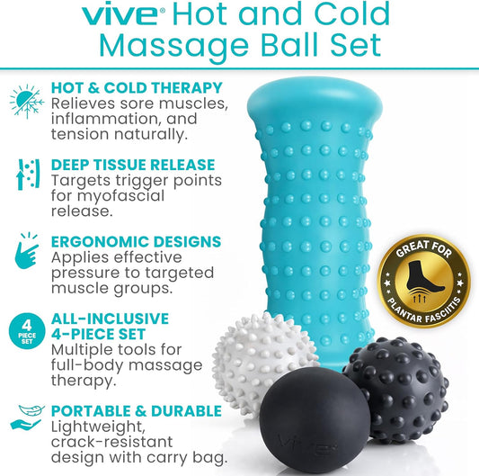 Massage Ball Set (4 Piece) - Plantar Fasciitis Relief Foot Pain Hot Cold Therapy - Heel Spur, Sore Muscle, Trigger Point, Back, Arm, Neck, Shoulder, Leg Circulation Roller