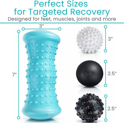Massage Ball Set (4 Piece) - Plantar Fasciitis Relief Foot Pain Hot Cold Therapy - Heel Spur, Sore Muscle, Trigger Point, Back, Arm, Neck, Shoulder, Leg Circulation Roller