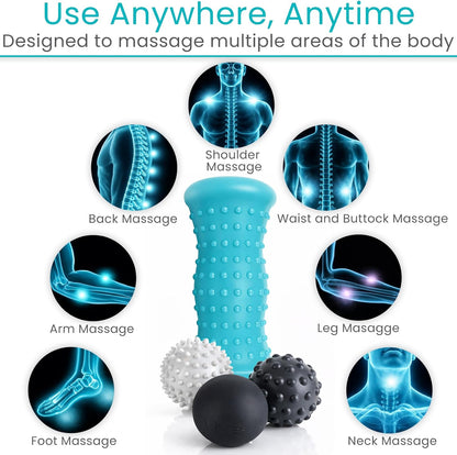 Massage Ball Set (4 Piece) - Plantar Fasciitis Relief Foot Pain Hot Cold Therapy - Heel Spur, Sore Muscle, Trigger Point, Back, Arm, Neck, Shoulder, Leg Circulation Roller