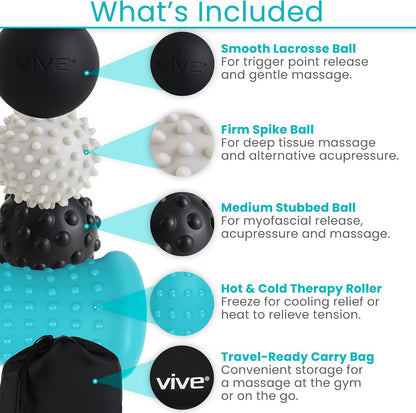 Massage Ball Set (4 Piece) - Plantar Fasciitis Relief Foot Pain Hot Cold Therapy - Heel Spur, Sore Muscle, Trigger Point, Back, Arm, Neck, Shoulder, Leg Circulation Roller