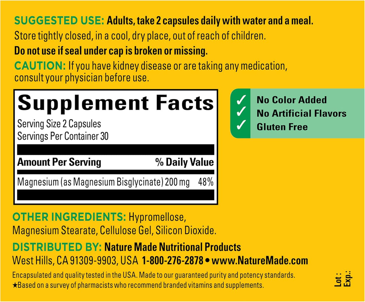 Nature Made Magnesium Glycinate 200 mg per Serving, 60 Capsules