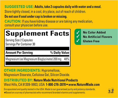 Nature Made Magnesium Glycinate 200 mg per Serving, 60 Capsules