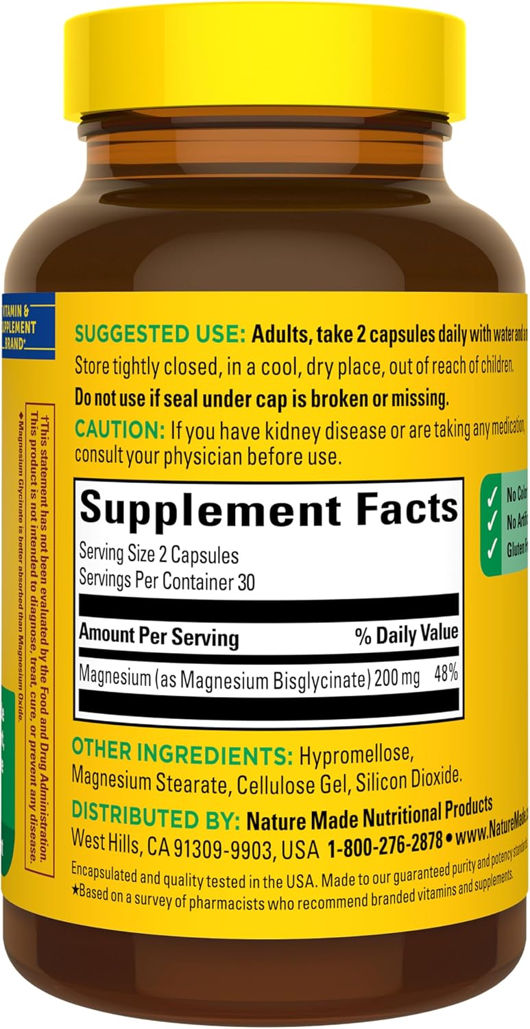 Nature Made Magnesium Glycinate 200 mg per Serving, 60 Capsules