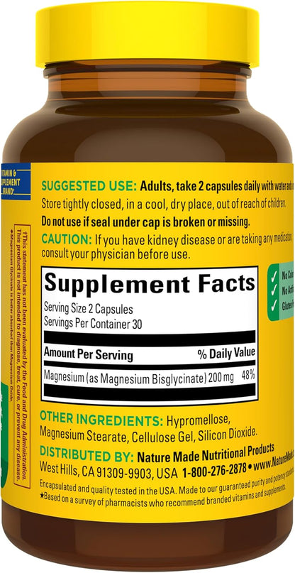 Nature Made Magnesium Glycinate 200 mg per Serving, 60 Capsules