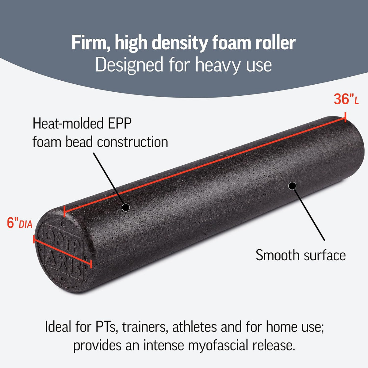 AXIS Firm Density Foam Roller – Round, Black, 36" x 6" | High density foam roller for heavy use, physical therapy, yoga, Pilates, fitness exercise & sports training, smooth surface