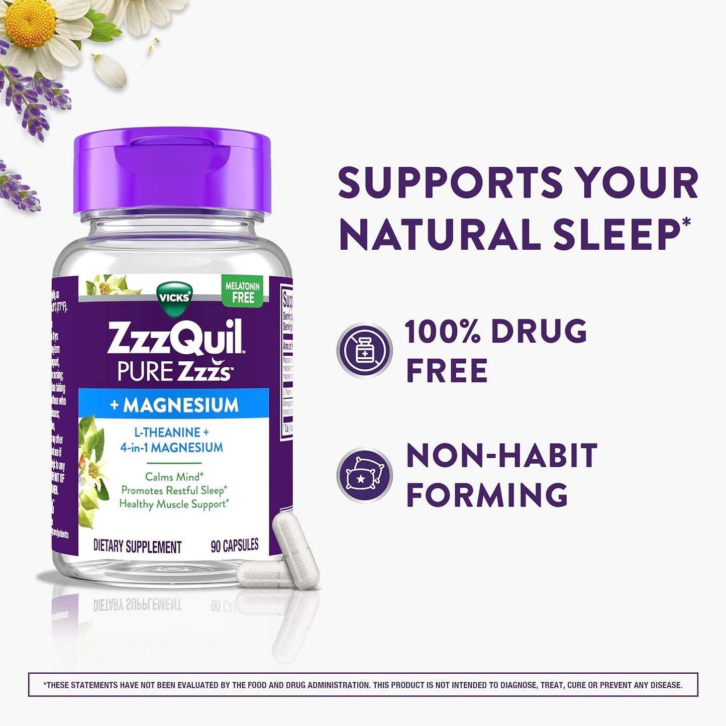 ZzzQuil Pure Zzzs, +Magnesium Capsules, L-Theanine and Magnesium, Sleep Aid, 4-in-1 Magnesium: Citrate, Bisglycinate, Oxide, and Carbonate, Sleep Aids for Adults, 90 Sleep Capsules