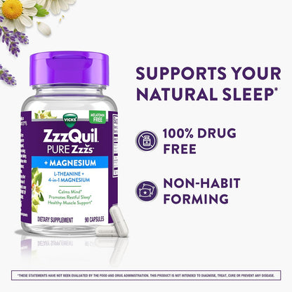 ZzzQuil Pure Zzzs, +Magnesium Capsules, L-Theanine and Magnesium, Sleep Aid, 4-in-1 Magnesium: Citrate, Bisglycinate, Oxide, and Carbonate, Sleep Aids for Adults, 90 Sleep Capsules