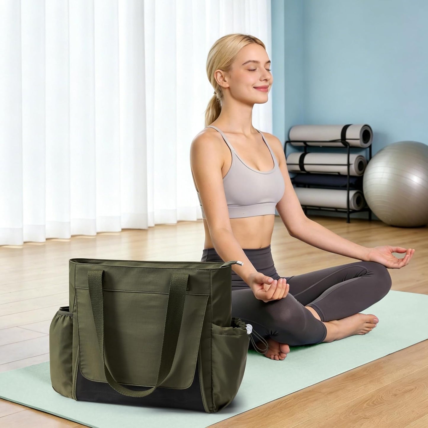 WLLWOO Gym Tote Bag Thick Yoga Mat Bag with Breathable Mesh Holder Carryall Waterproof Wet Pocket for Pilates Travel Beach Workout Women