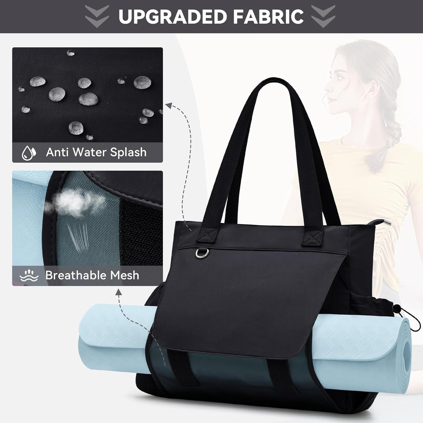 WLLWOO Gym Tote Bag Thick Yoga Mat Bag with Breathable Mesh Holder Carryall Waterproof Wet Pocket for Pilates Travel Beach Workout Women