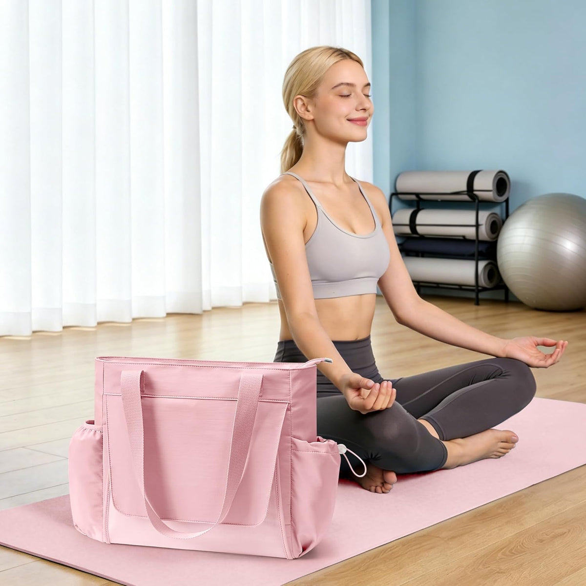 WLLWOO Gym Tote Bag Thick Yoga Mat Bag with Breathable Mesh Holder Carryall Waterproof Wet Pocket for Pilates Travel Beach Workout Women