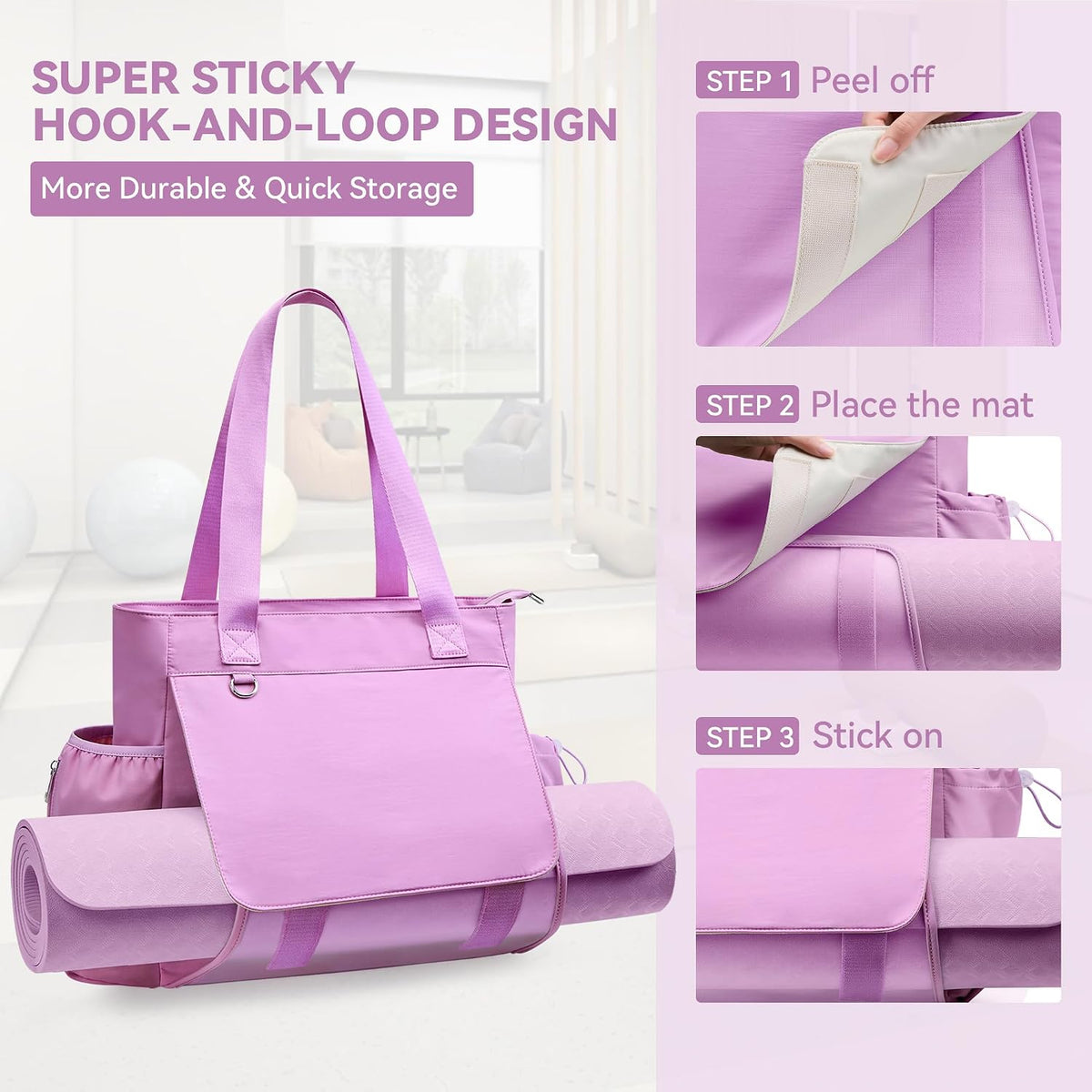 WLLWOO Gym Tote Bag Thick Yoga Mat Bag with Breathable Mesh Holder Carryall Waterproof Wet Pocket for Pilates Travel Beach Workout Women