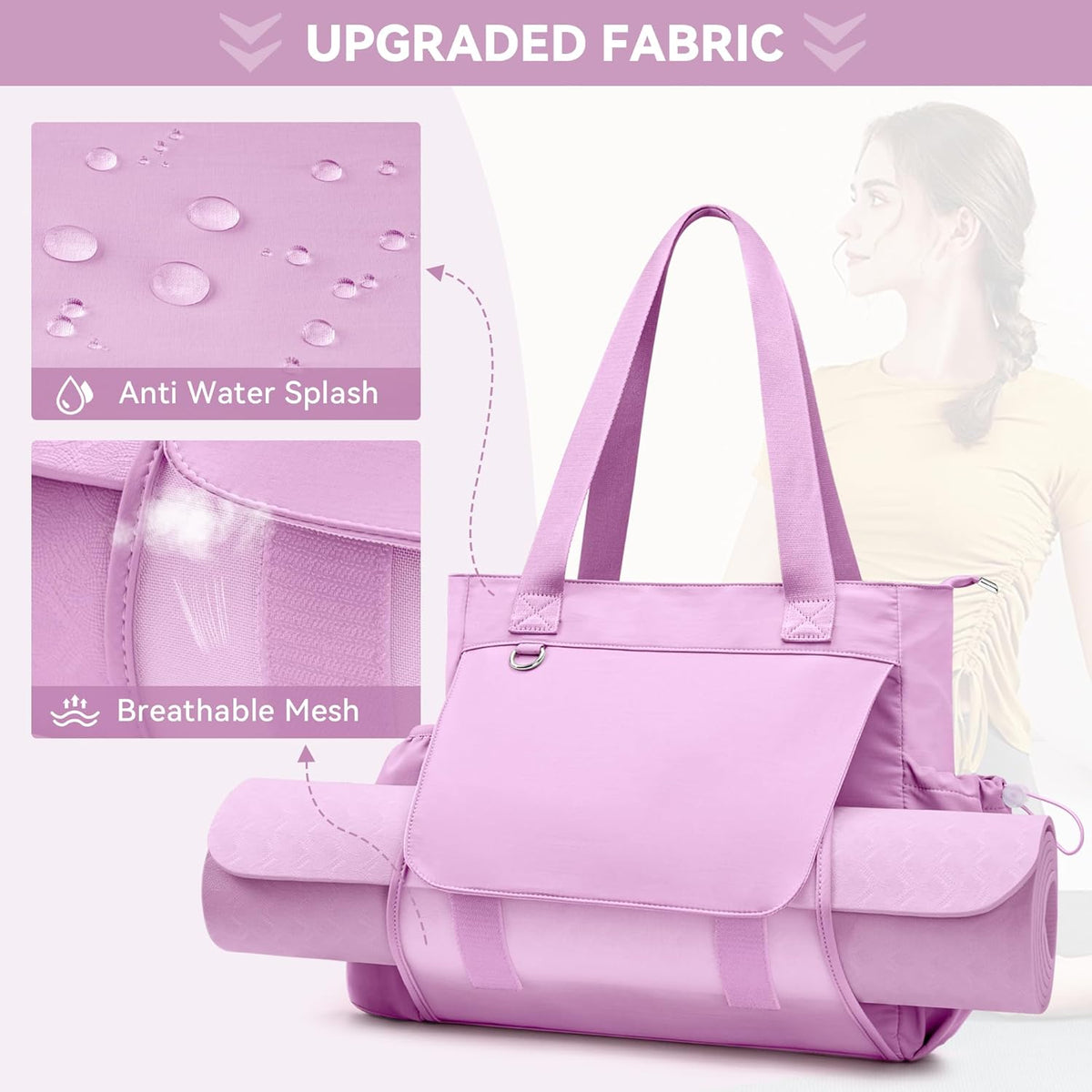 WLLWOO Gym Tote Bag Thick Yoga Mat Bag with Breathable Mesh Holder Carryall Waterproof Wet Pocket for Pilates Travel Beach Workout Women