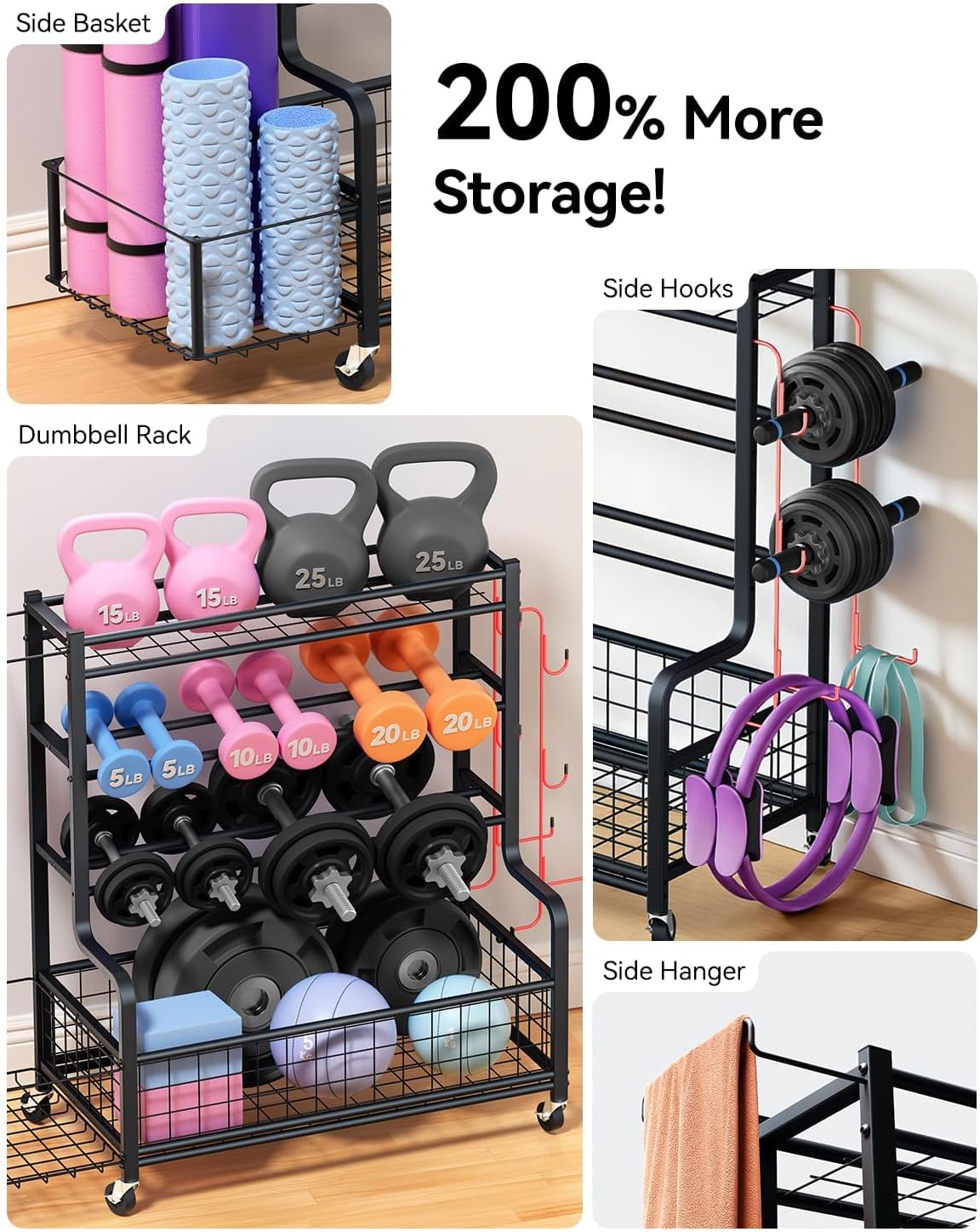 4 Tiers Large Capacity Dumbbell Rack [Thickened High-Strength Steel] Home Gym Storage for Dumbbells Kettlebells Yoga Mat and Balls, All in One Workout Storage Rack with Wheels and Hooks