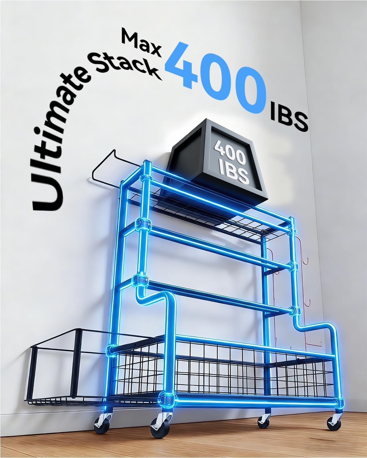 4 Tiers Large Capacity Dumbbell Rack [Thickened High-Strength Steel] Home Gym Storage for Dumbbells Kettlebells Yoga Mat and Balls, All in One Workout Storage Rack with Wheels and Hooks