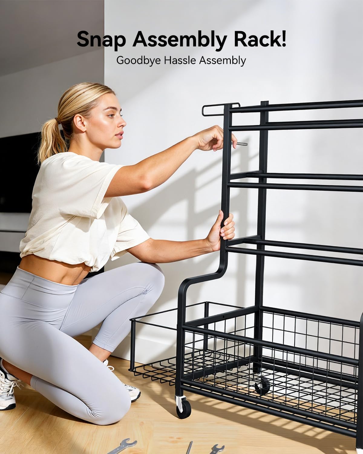 4 Tiers Large Capacity Dumbbell Rack [Thickened High-Strength Steel] Home Gym Storage for Dumbbells Kettlebells Yoga Mat and Balls, All in One Workout Storage Rack with Wheels and Hooks