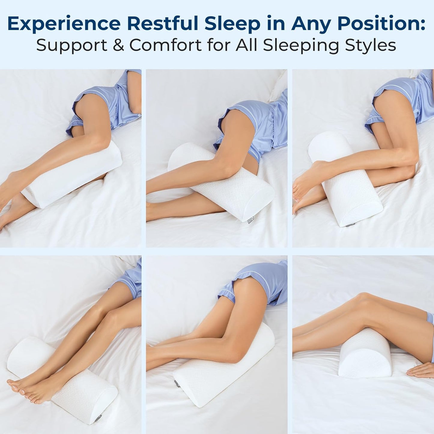 Knee Pillow for Back Sleeping – Half Moon Bolster Pillow for Legs, Under Knee Pillow for Sleeping on Back, Memory Foam Leg Pillow for Back Pain, White