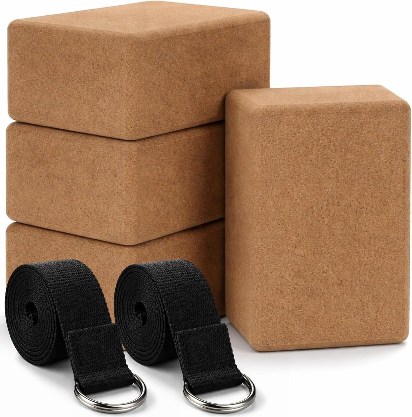 6 Pcs Cork Yoga Blocks with Straps 9 x 6 x 4 Inch Cork Yoga Brick 8.2 FT Strap Non Slip High Density Bricks Exercise Blocks for Physical Stretching Flexibility Balance Fitness Pilates