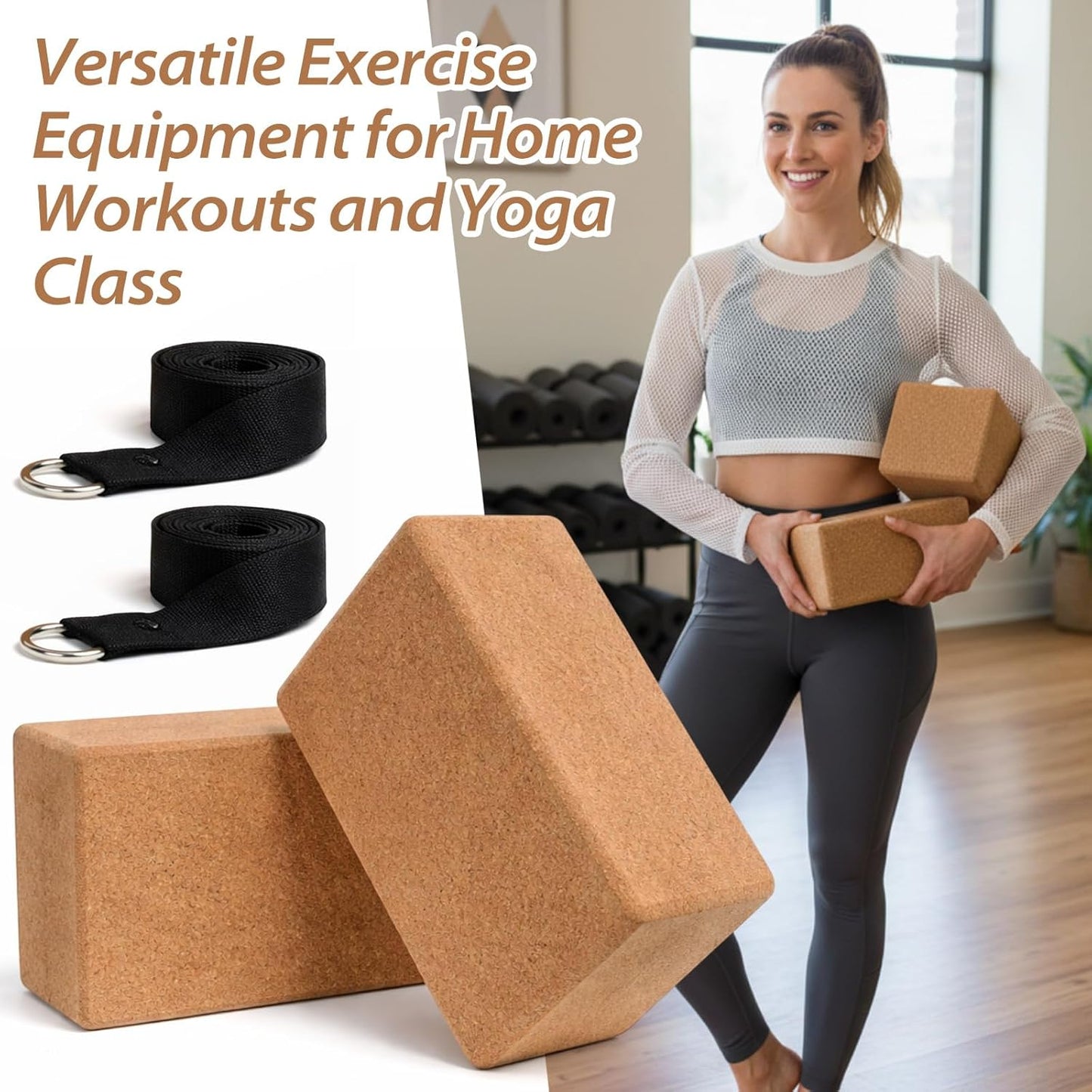 6 Pcs Cork Yoga Blocks with Straps 9 x 6 x 4 Inch Cork Yoga Brick 8.2 FT Strap Non Slip High Density Bricks Exercise Blocks for Physical Stretching Flexibility Balance Fitness Pilates
