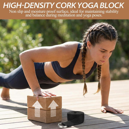 6 Pcs Cork Yoga Blocks with Straps 9 x 6 x 4 Inch Cork Yoga Brick 8.2 FT Strap Non Slip High Density Bricks Exercise Blocks for Physical Stretching Flexibility Balance Fitness Pilates