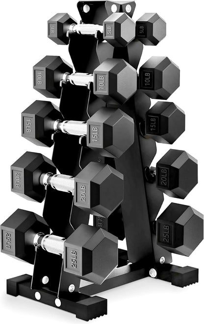 BalanceFrom Rubber Coated Hex Dumbbell Weight Set with Storage Rack, 100LB or 150LB or 200LB Set, 5-20 lbs or 5-25 lbs or 10-30 lbs Pairs