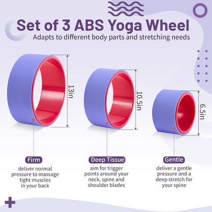 3 Pack ABS Yoga Wheel Set 660 Lbs Foam Roller for Back Pain & Stretching Back Wheel for Massage, Purple and Pink Set